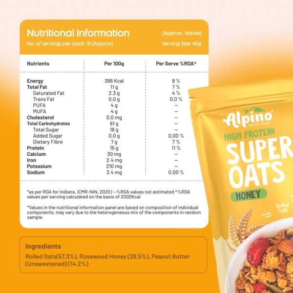 Alpino High Protein Super Rolled Oats Honey 1kg - Image 3