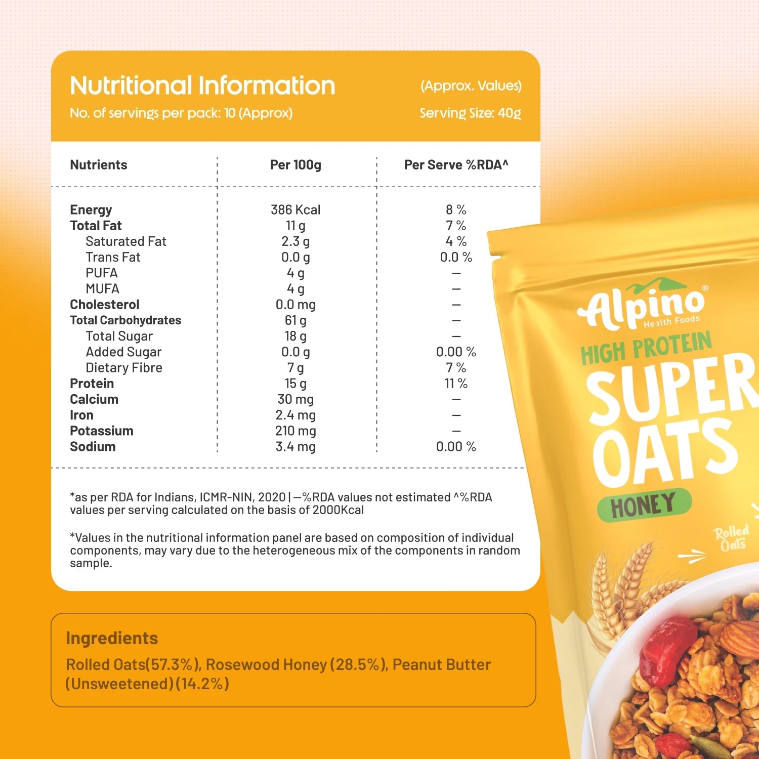 Alpino High Protein Super Rolled Oats Honey 1kg - Image 3