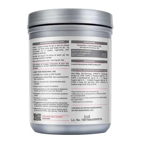MuscleBlaze Creatine Monohydrate CreAMP, Trustified Certified Creatine | 250g - Image 3