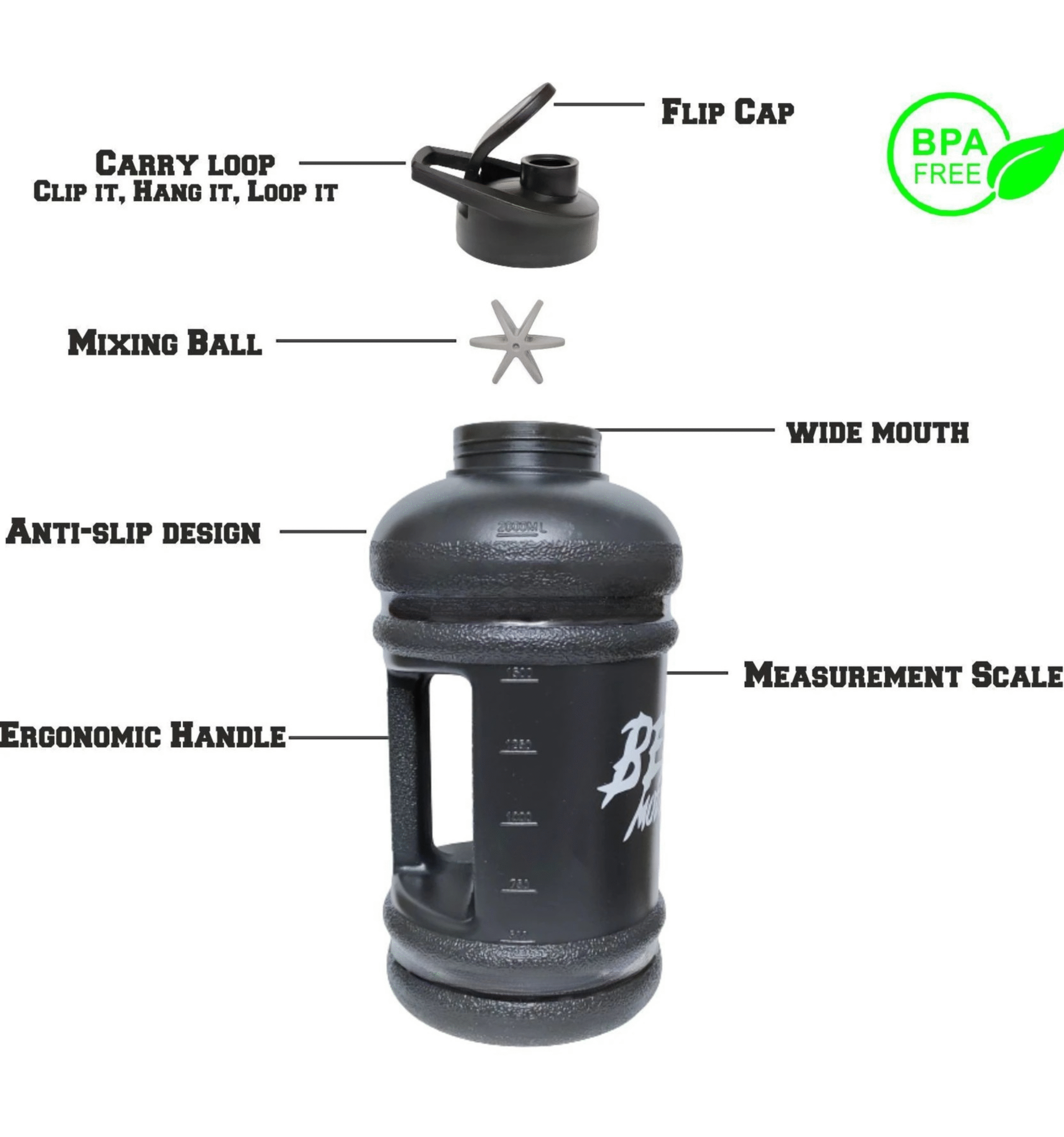 Gallon Shaker Bottle - 2.2 L (Matte Black) - Image 4