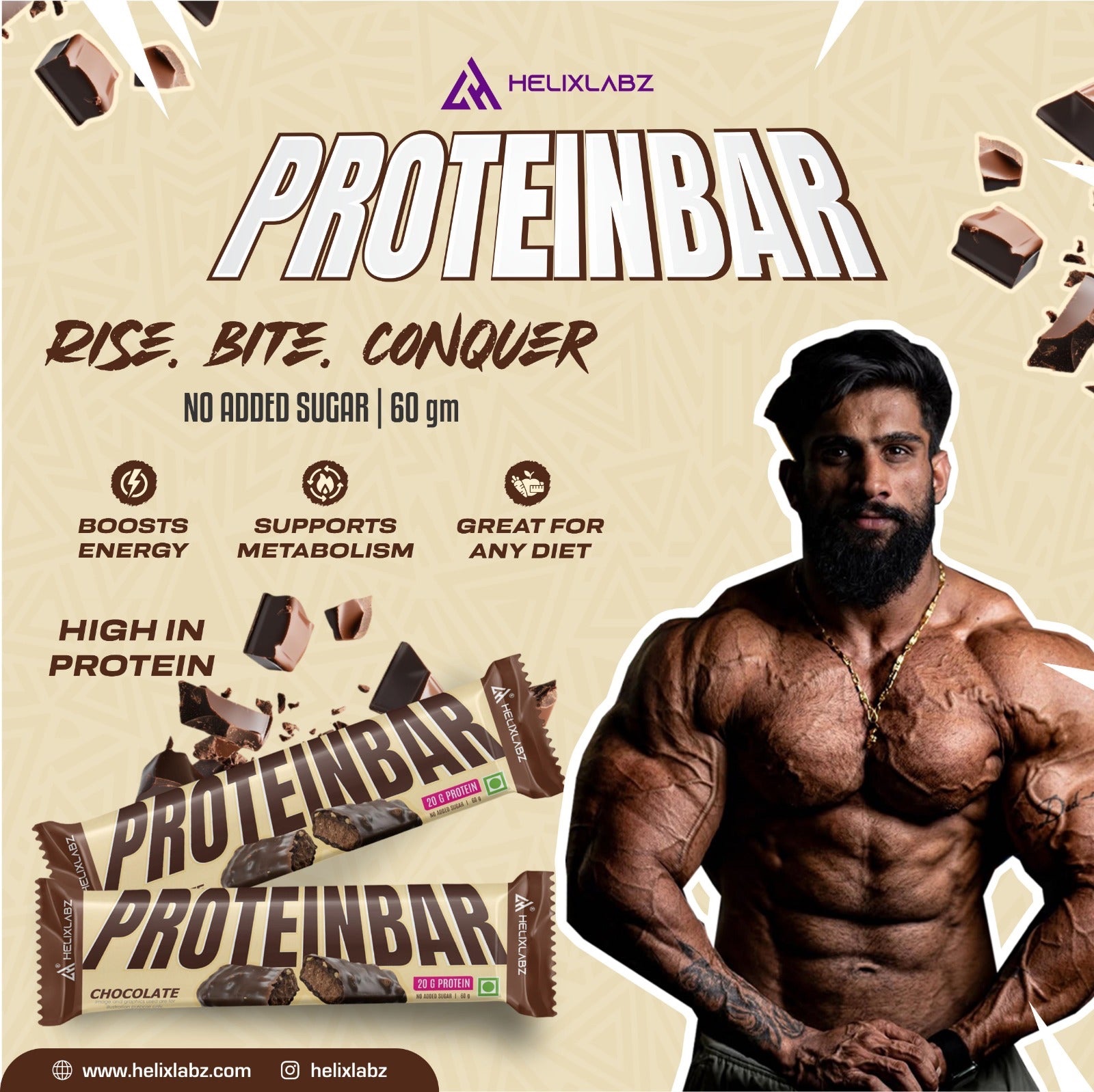 Helix Labz Protein Bar (20g Protein, Chocolate), 1 Bar (Chocolate Flavor) - Image 5