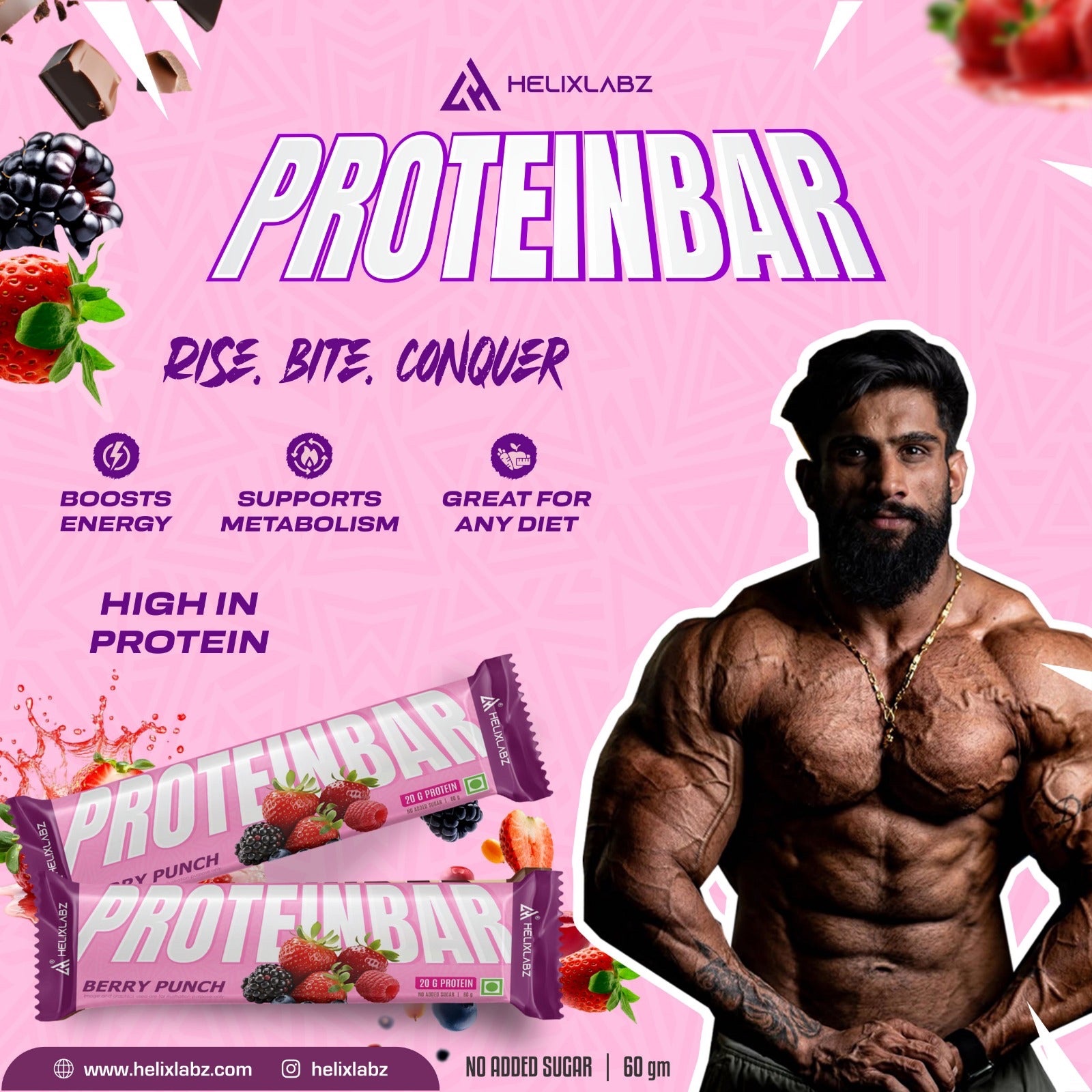 Helix Labz Protein Bar (20g Protein, Chocolate), 1 Bar (Berry Punch) - Image 2