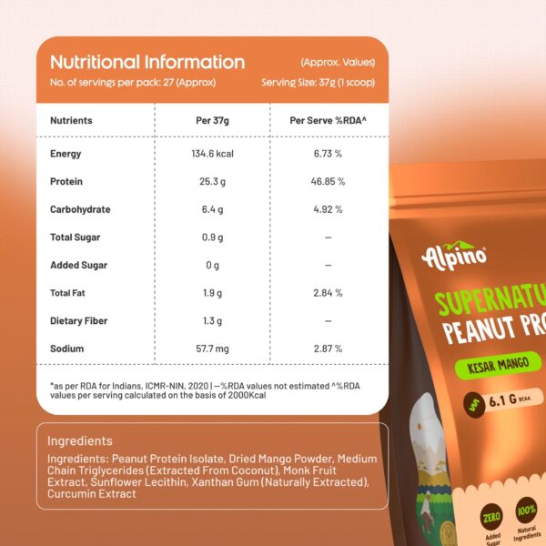 Alpino Supernatural Peanut Protein Powder - Kesar Mango (1 kg) - Image 2