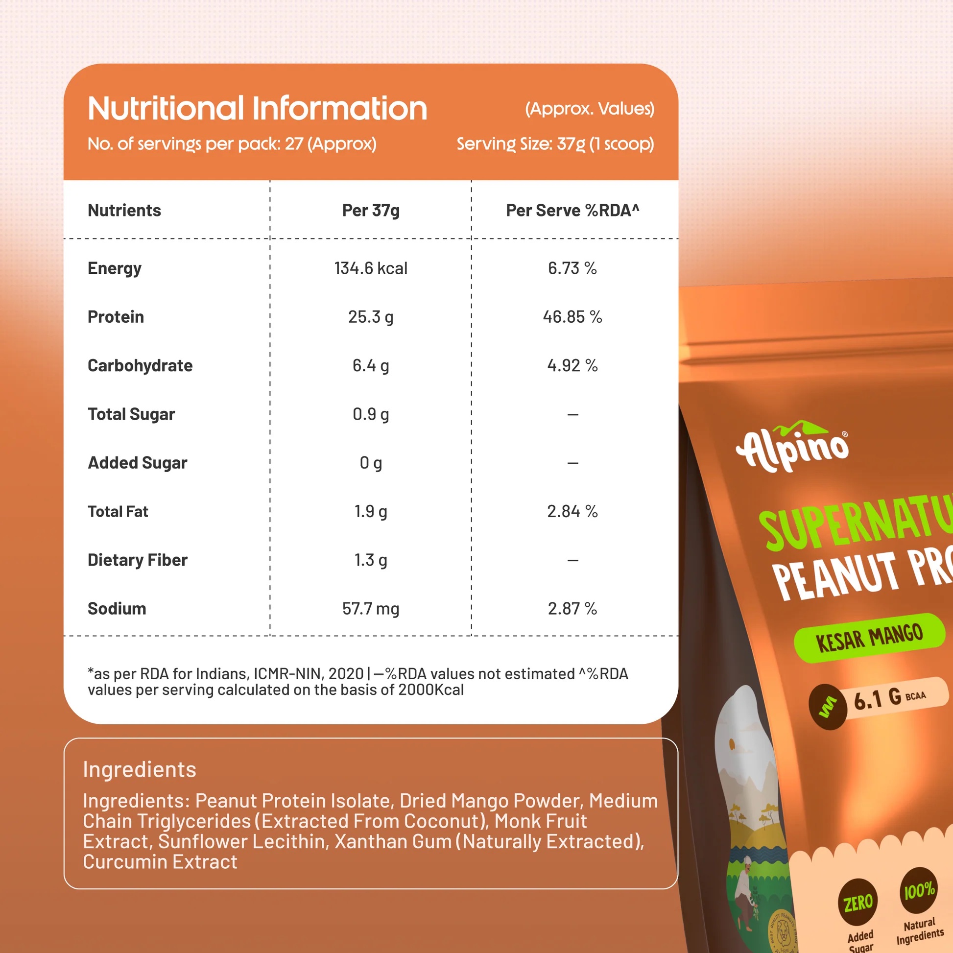 Alpino Supernatural Peanut Protein Powder - Kesar Mango (1 kg) - Image 2