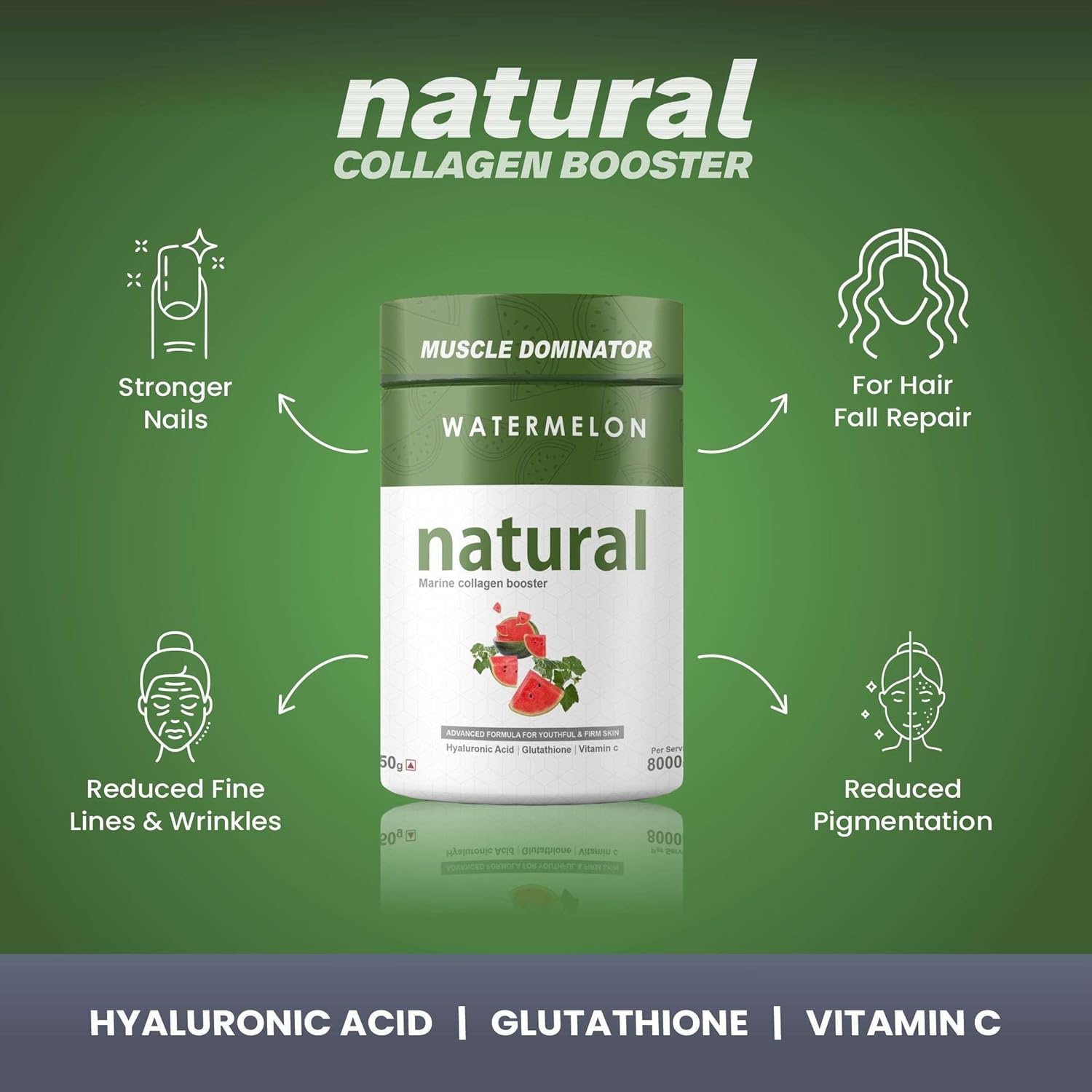 MUSCLE DOMINATOR Natural Collagen | With Marine Collagen, Hyaluronic Acid & Vitamin C | Watermelon Flavor - 250g - Image 3