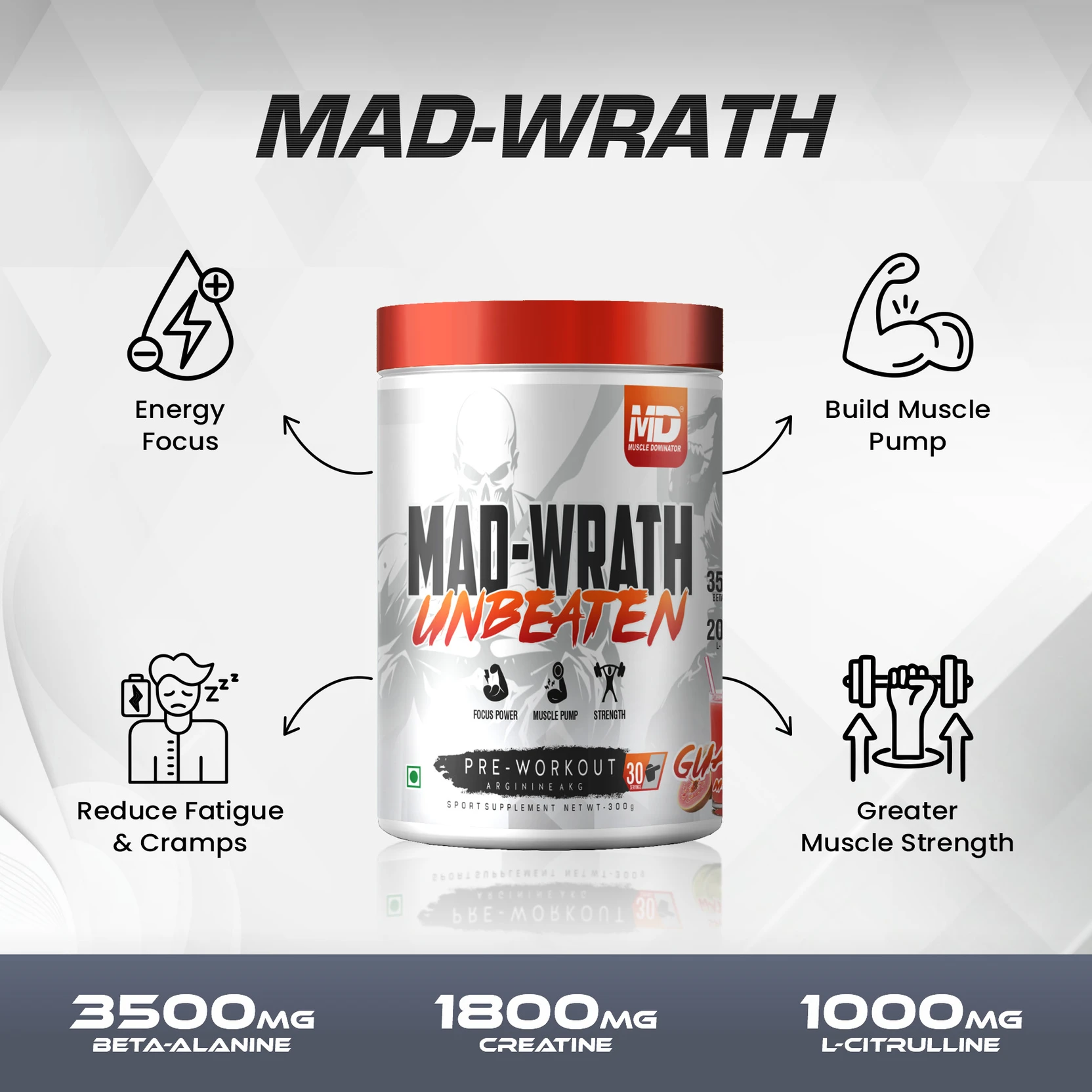 Muscle Dominator Mad-Wrath Unbeaten Pre-Workout | 300 g - Image 2