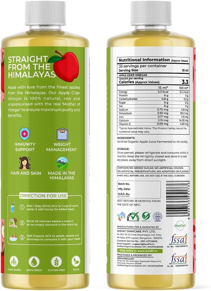 Boldfit Apple cider vinegar juice with mother & Vitamin C, Probiotics, Raw, Unfiltered - 500ml - Image 2