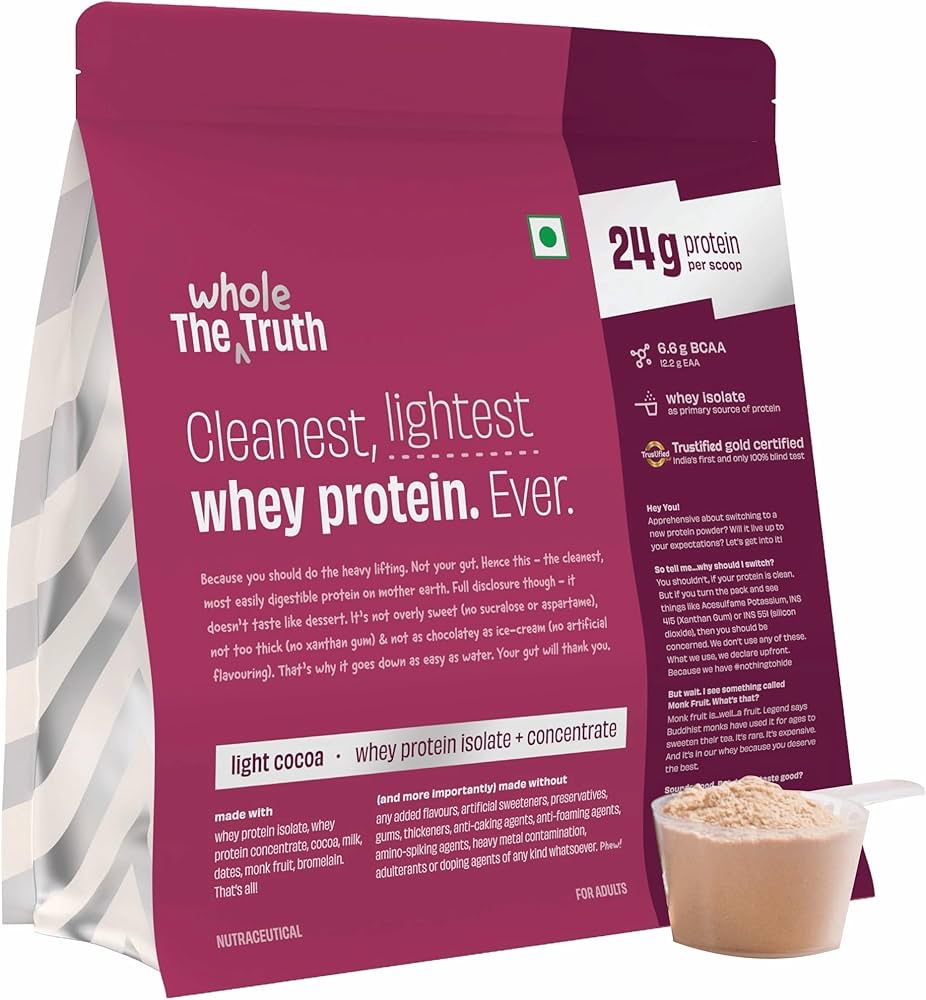 The Whole Truth Whey Protein Isolate+Concentrate | Light Cocoa 1 kg (2.2 lbs)