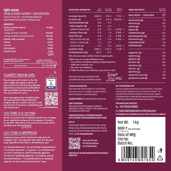 The Whole Truth Whey Protein Isolate+Concentrate | Light Cocoa 1 kg (2.2 lbs) - Image 8