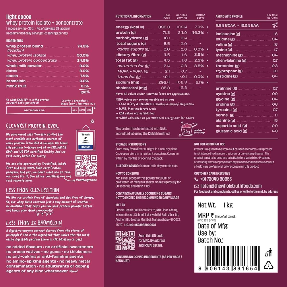 The Whole Truth Whey Protein Isolate+Concentrate | Light Cocoa 1 kg (2.2 lbs) - Image 8