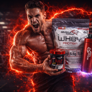 Muscle Garage Premium Whey Protein 2lbs + Pre Workout (43 Servings) + Steel Shaker Combo