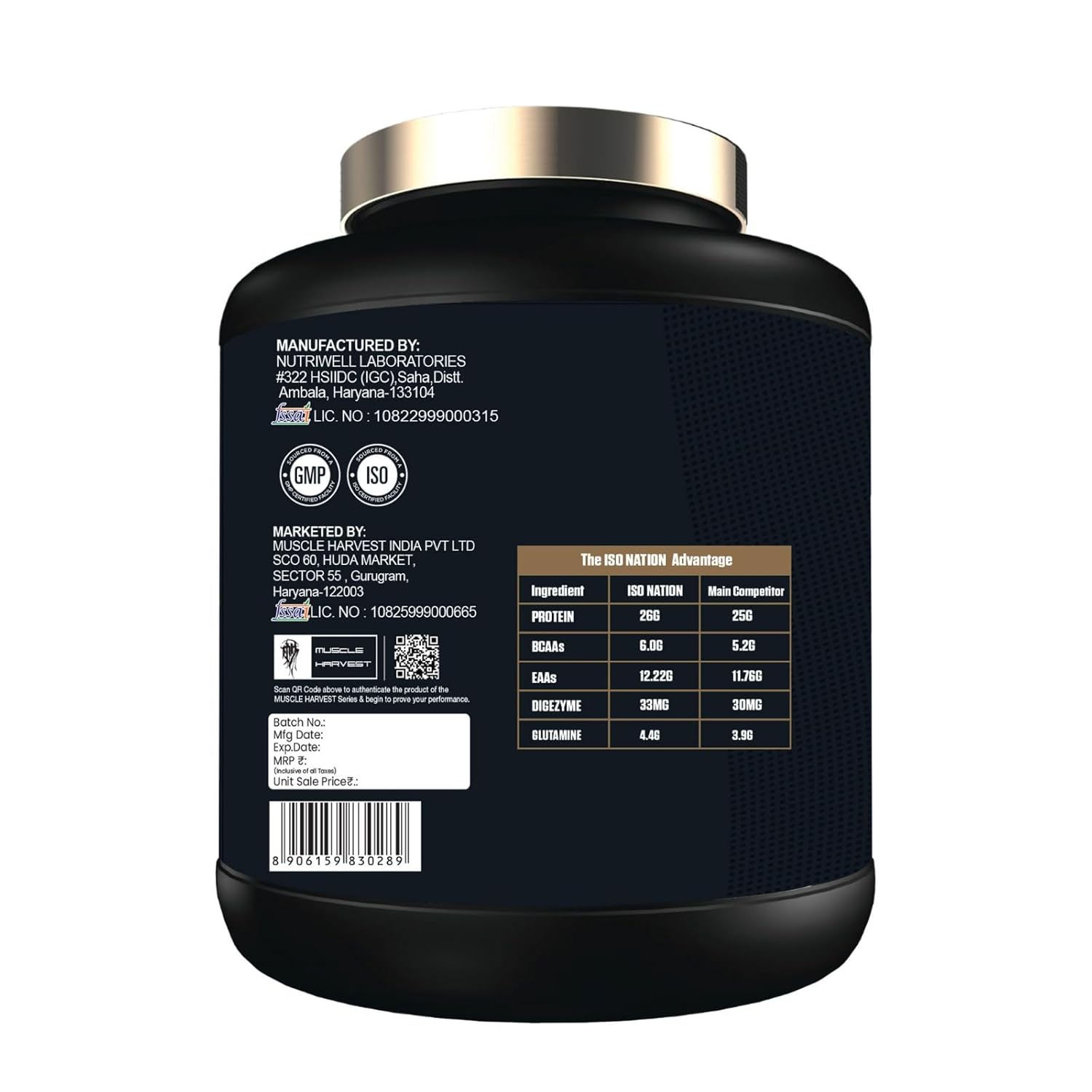 Muscle Harvest ISO Nation 100% Whey Protein Isolate 2KG – 26g Protein, BCAAs, EAAs, Glutamine & Digestive Enzymes for Lean Muscle Growth & Recovery - Image 5
