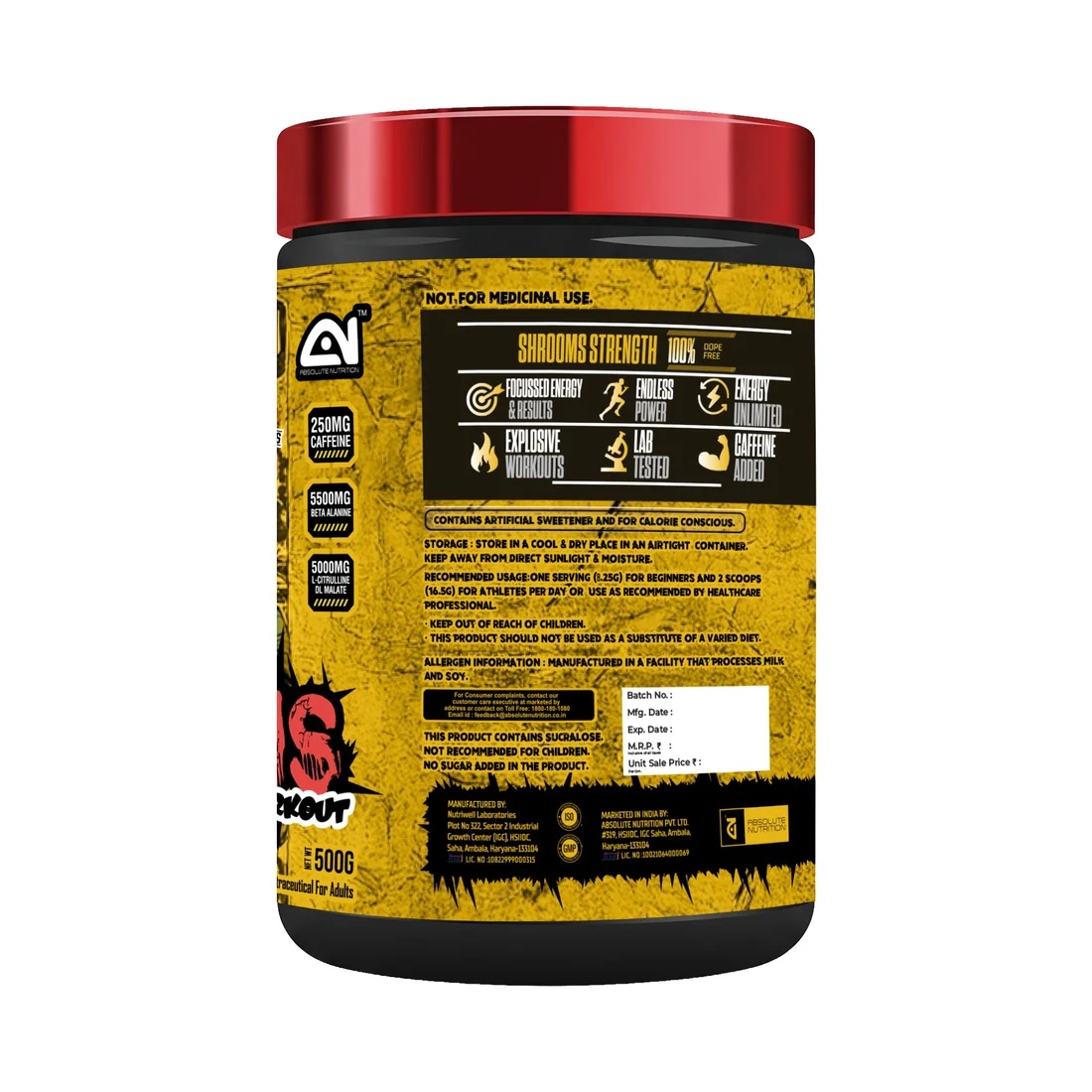 Absolute Nutrition Shrooms Pre Workout 500g | 60 Servings - Image 2